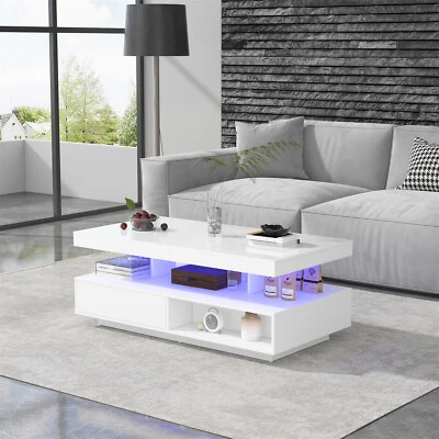 MERAX Coffee Table LED White High Gloss Sofa Side Table Living Room Centre Tea Table