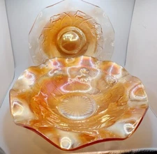 Jeanette Marigold Carnival Glass Iris And Herringbone Scalloped Edge Bowl Set