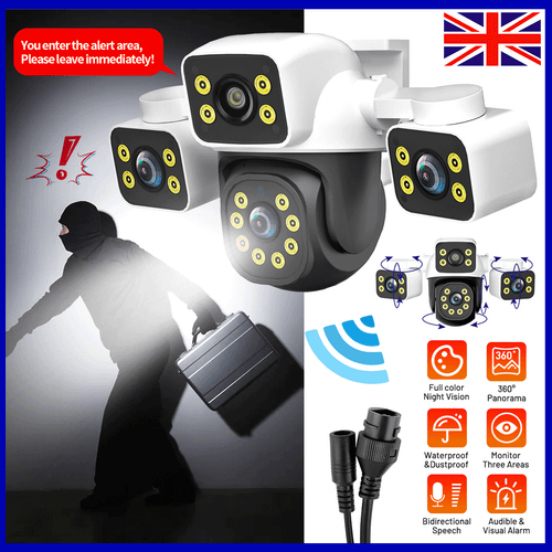HD Wireless IP WI-FI Camera Outdoor CCTV PTZ Smart Home Security IR Cam 3-Lens - Imagen 1 de 24