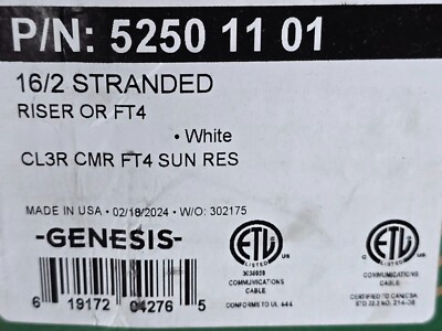 Honeywell Genesis 5250 16/2C Home Theater Sound Audio Speaker Cable White /100ft