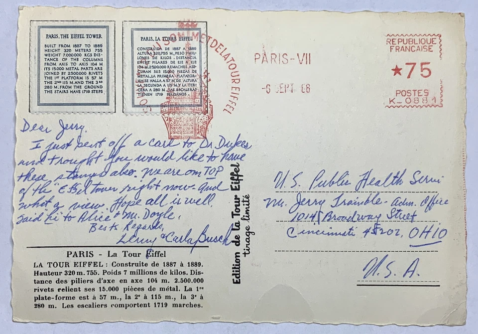 1966 EIFFEL TOWER SOUVENIR POSTCARD WITH CINDERELLA STAMPS - Image 2 of 4