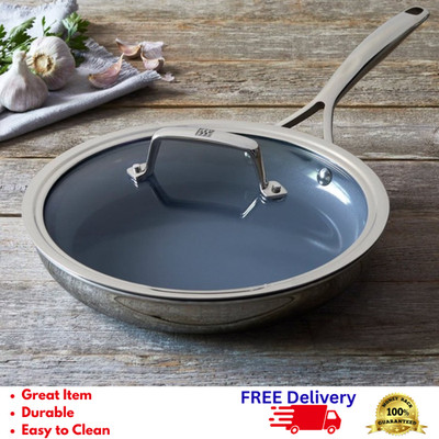 10'' Ceramic Nonstick Frying Pan with Lid 3-Ply Stainless Steel Induction Skillet