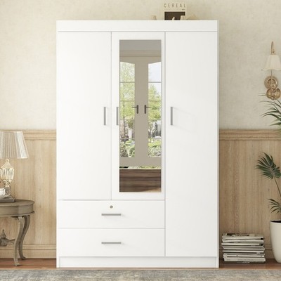 3 Doors Wooden Wardrobe with Mirror Armoire Closet Cabinet Organizer & 2 Drawers