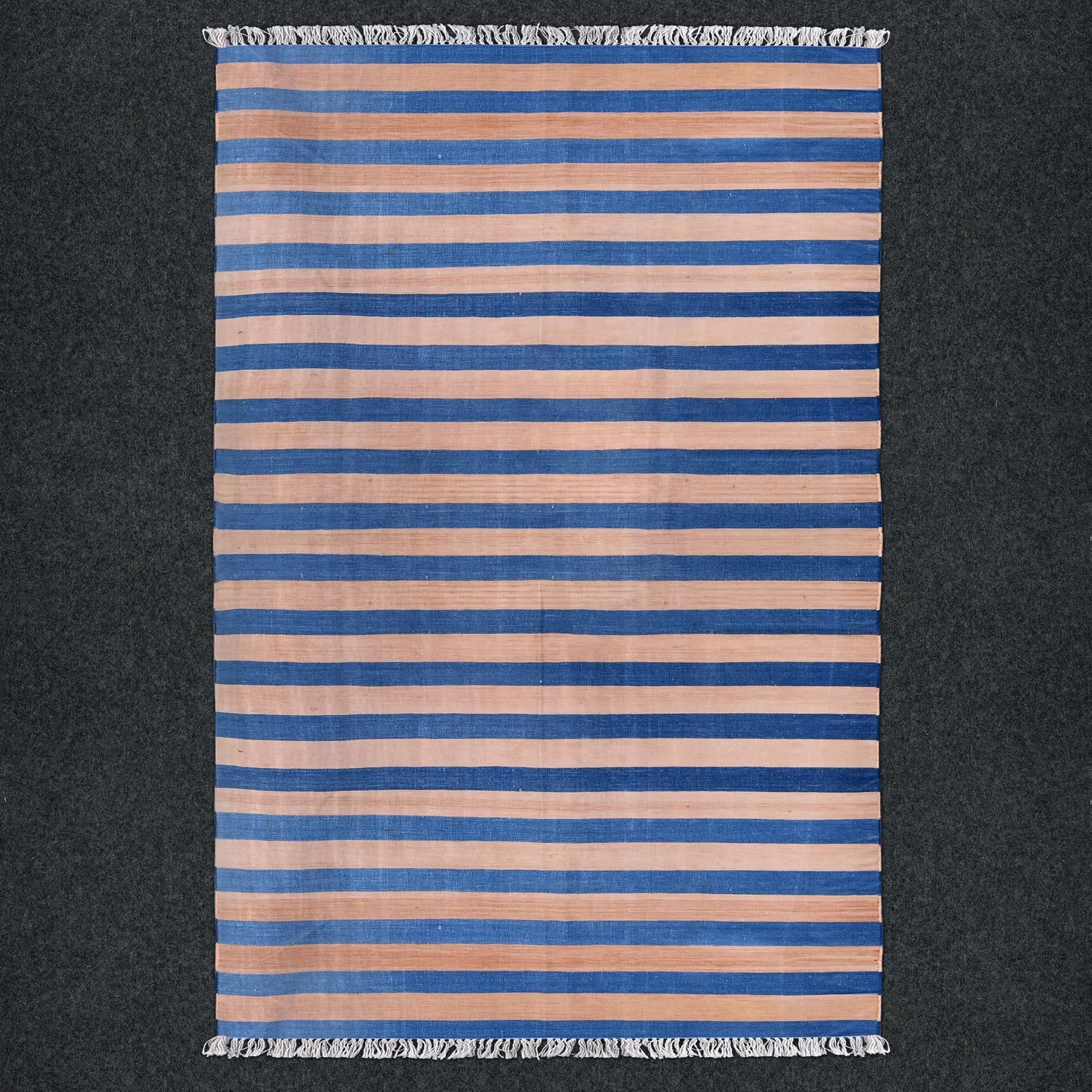 Handmade Cotton Kilim Dhurrie Rug Color Blue and Peach Design Striped Carpet Rug