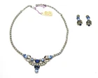 Vtg. Blue Clear  Rhinestone Costume Jewelry Necklace + Earrings Set - 06