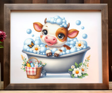 Cow Wall Art Print, Cute Cow in a Tub Print, Farmhouse Art Home Decor Print 93