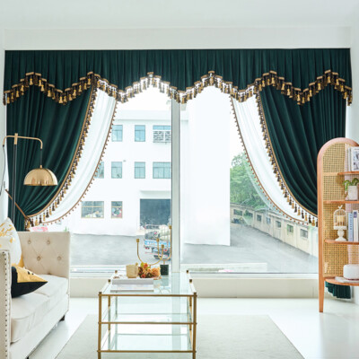 Thick retro dark green living room velvet cloth blackout curtain valance C1864