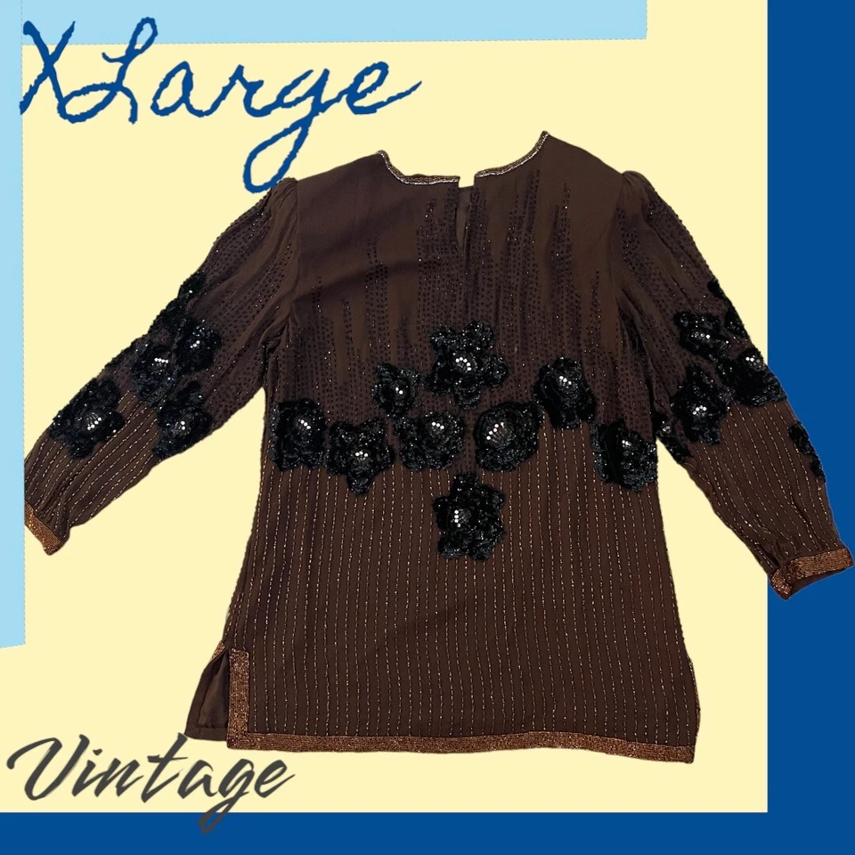 TÚNICA GRANDE VINTAGE MARRÓN Oleg 100 % seda, lentejuelas, pedrería, hombreras XLarge Foto 3 de 4