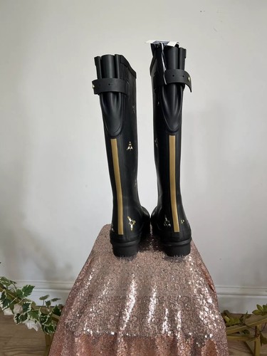 Joules hohe Gummistiefel Damen Welly Boots schwarz Bienenmuster UK 3 4 6 & 7 verstellbarer Riemen - Bild 14 von 21