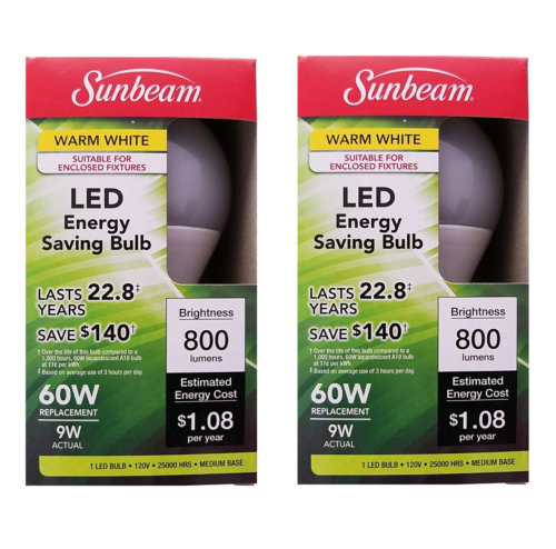 Sunbeam LED Energy Saving Warm White 60W - 9W Indoor Outdoor 3000K Light Bulbs - Picture 2 of 2