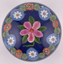 Paul Ysart Attr. Pink Flwr W/Millefiori Garland On Blue Paperweight c 1948  3.1"