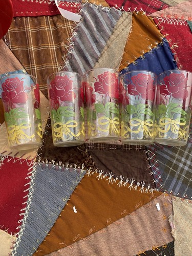 (5) Vintage Hazel Atlas Glass Red Roses Juice Tumblers