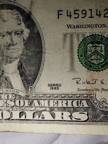 $2 Two Dollar Bill 1995 series F Circulated Fair To Good Condition - Picture 3 of 5