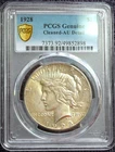 1928 P SILVER PEACE DOLLAR PCGS GOLD LABEL AU DETAILS ONLY 330K MINTED Cleaned