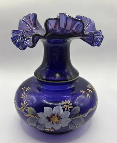 1990s Fenton Royal Purple Colonial Scroll Vase. Hand Painted And Signed M. Young