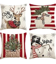 Snowman Reindeer Gloves Eucalyptus Red Throw Pillow Covers, 18 inch Set Of Four