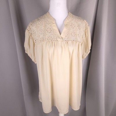 Cottagecore Boho Eyelet Babydoll Tunic Womens S Beige Floral Puff Sleeve Flowy