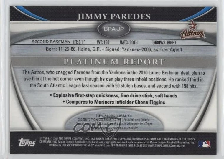 2011 Bowman Platinum Prospect Green Refractor /399 Jimmy Paredes Rookie Auto RC - Image 2 of 2