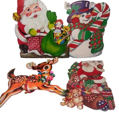 4 Vintage Die Cut Christmas Decorations-2 Peck w/Flocking-Santa&Snowman,2 Unbran