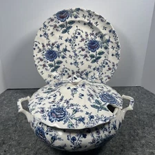 Johnson Brothers Rose Chintz Blue Serving Tureen w/ Lid and 12" Chop Plate