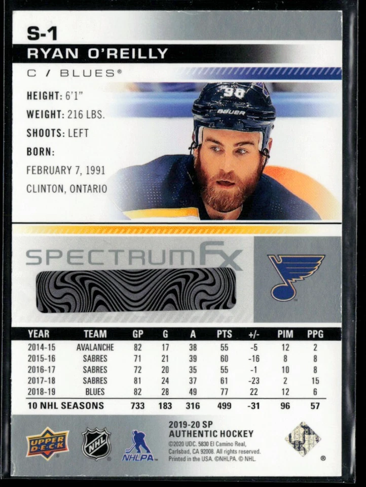 2019-20 SP Authentic Spectrum FX Ryan O'Reilly #S-1 - Image 2 of 2