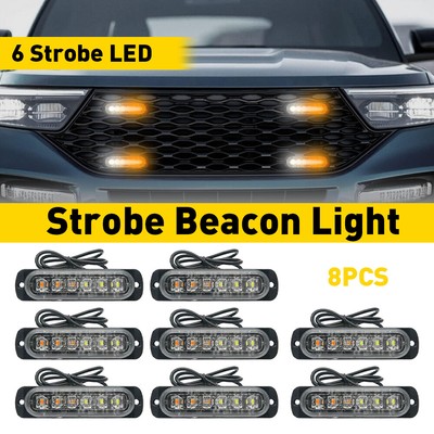 Yellow Amber White 6-LED Side Beacon Warning Hazard Flash Strobe Light Set of 8