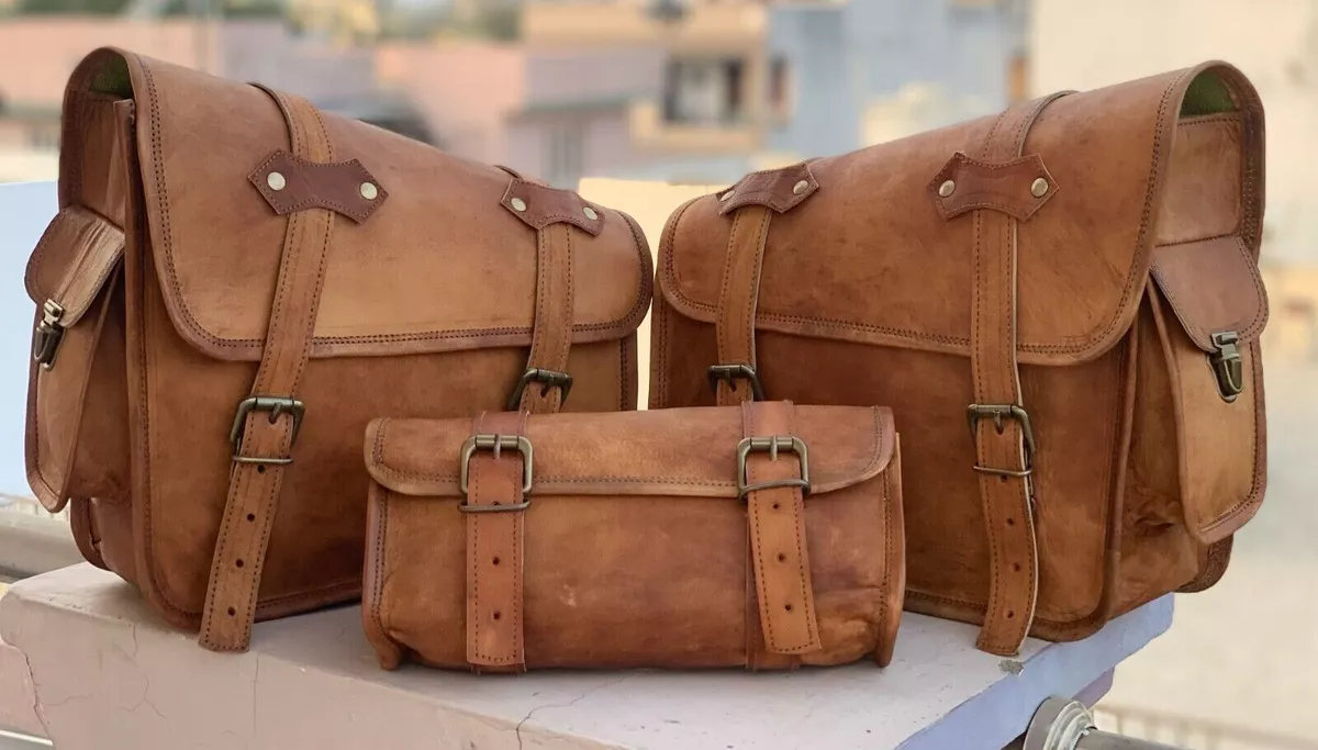 Real Brown Goat Leather Side Bag COMBO Motorcycle Saddle Bag Panniers Tool Pouch