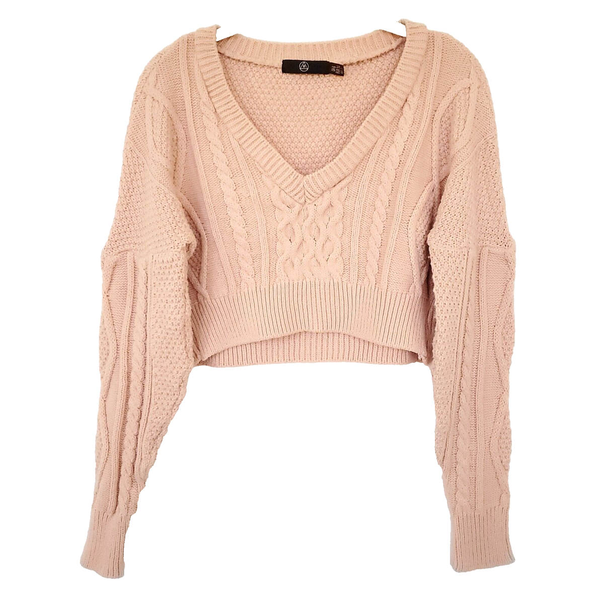 Missguided Cable Knit Cropped Sweater Womens Size Peach V-neck Long Sleeve