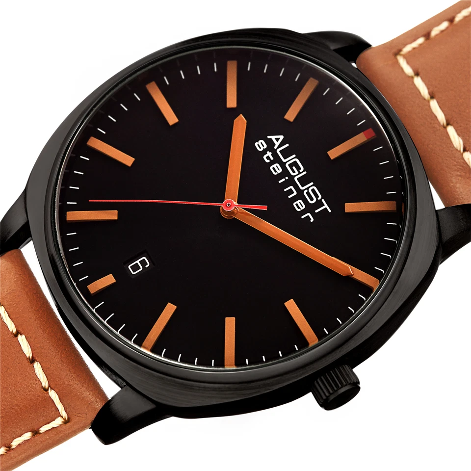 Men's August Steiner AS8245BKBR Quartz Black Tan Stiched Leather Strap Watch - Image 2 of 4