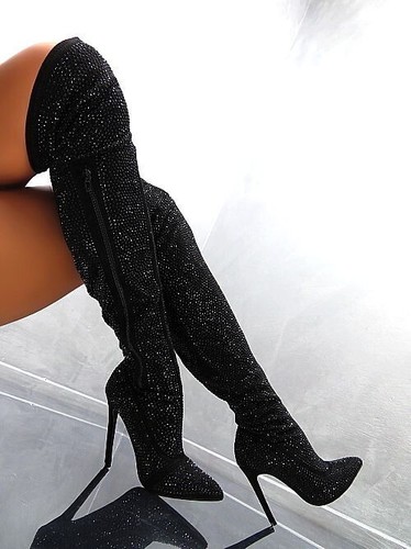GoGo Original Tacones Altos Cristales OTK Botas por encima de la rodilla Negr... - Imagen 2 de 9