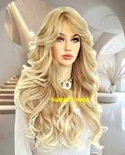 30" FULL WIG LONG WAVY LAYERED SIDE SKIN PART MEDIUM BLONDE MIX HEAT OK