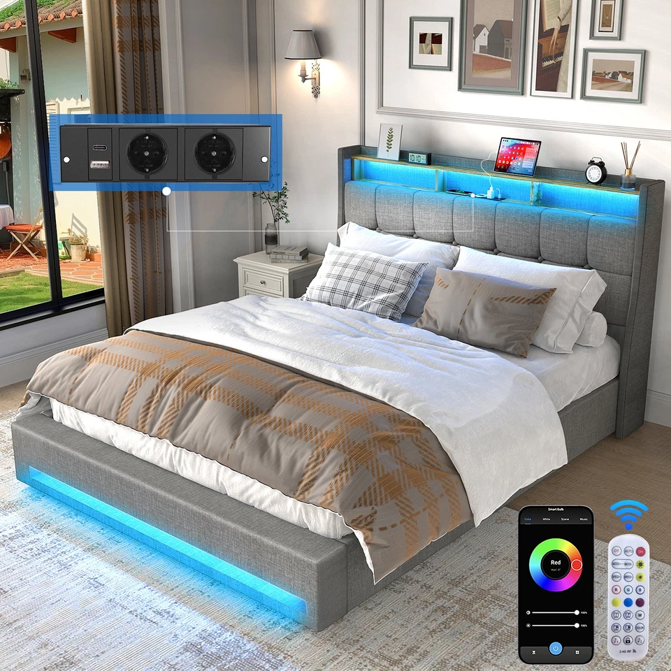 Polsterbett 160x200cm Doppelbett Stauraumbett Bettgestell mit USB/LED Lattenrost - Bild 4 von 4