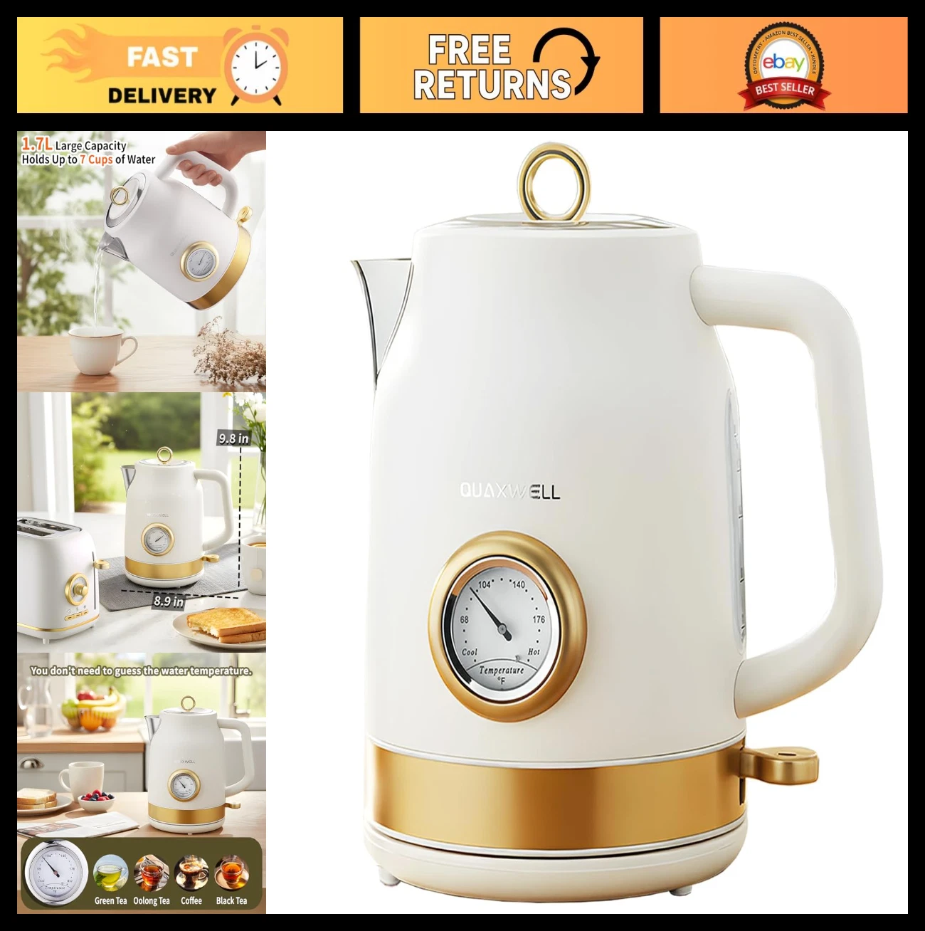 1.7L Retro Electric Kettle - Stainless Steel Tea Boiler with Temp Gauge, 1500W,