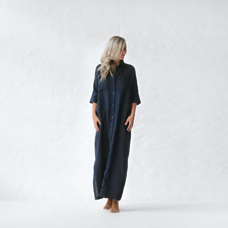 SEASIDE TONES maxi linen shirt dress one size navy blue pockets side splits