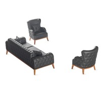 Schwarze Arbeitszimmer Garnitur Moderner Kunstleder 3-Sitzer 2X Sessel