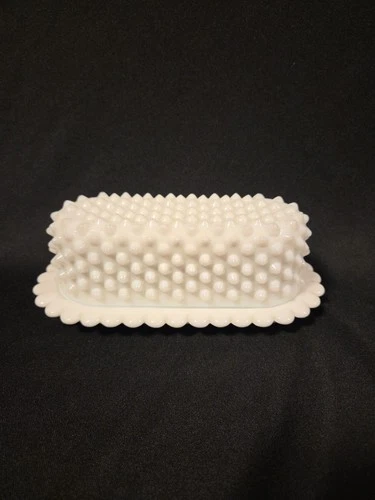Vintage White Hobnail Patterned Milk Glass Butter Dish with Lid Unmarked Rare