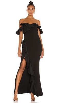LIKELY Miller Gown Size 4 NWT Black Ruffled Off Shoulder Mermaid Slit Sexy $378