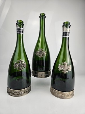 Segura Viudas Pewter Bottle Vase Green Glass Cava Spain Lot 3