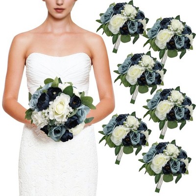 Set of 6 Navy  Dusty Blue Silk Bridesmaid Bouquets, 11 Inch Round Artificial ...