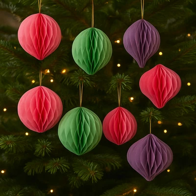 FESTIVE WONDERLAND 12 x Hanging Christmas Trees 3D Baubles Xmas Decorations Honeycomb Paper 10cm