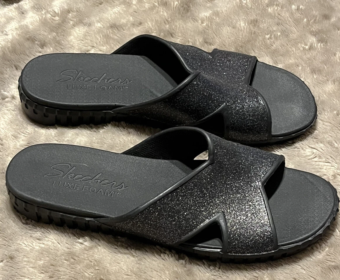Skechers Foamies Sepulveda High Class Sandals Black Sparkle 111153 Womens Size 9