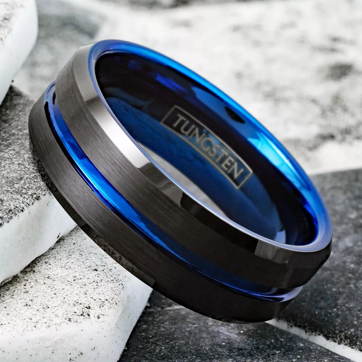 6 8mm Tungsten Carbide Men s Ring Thin Blue Line Black Brushed