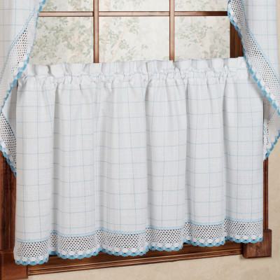 Adirondack Cotton Kitchen Window Curtains - White/Blue - Tiers, Valance or Swag