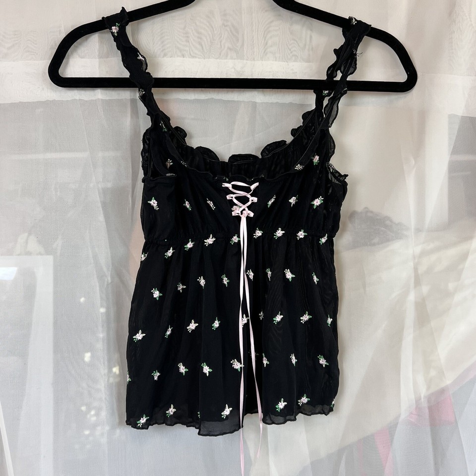 Victorias Secret mesh floral slip tank top Small rosette corset lace up
