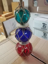 1 dz (3) Glass Fishing Floats On Rope Nautical Fish Net Decor ~ Red, Blue, Green