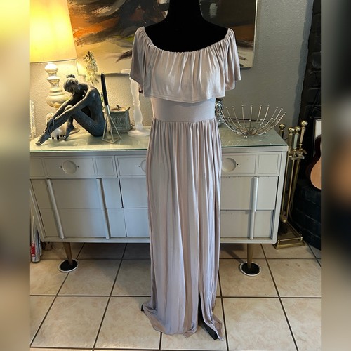 NWT Flowy Off-Shoulder Ruffle Beige Maxi Dress SMALL summer spring fall
