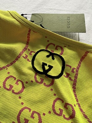 Gucci women's Lemon Yellow Pink GG Jacquard Jersey Crop Top Size M