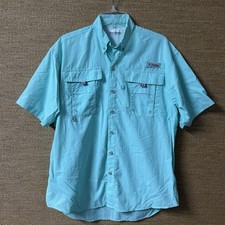 Columbia PFG Fishing Shirt Mens S Aqua Blue Short Sleeve Button Up Vented Back