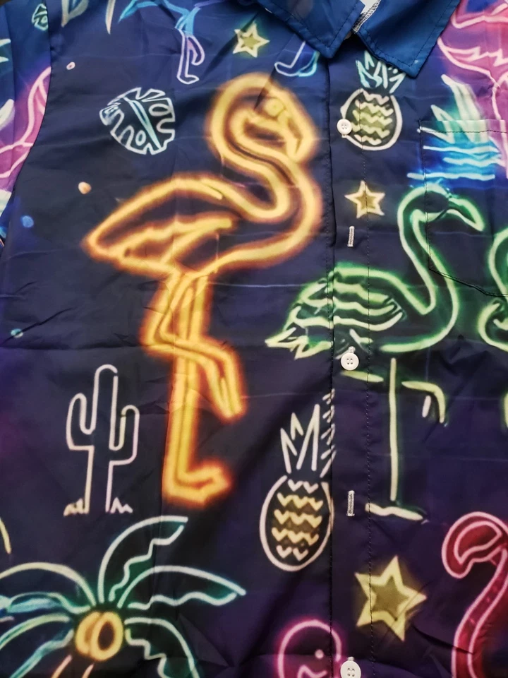 Men's Hawaiian Shirt Neon Flamingos Button-Up Size L Martini Lounge Bowling - Image 3 of 4