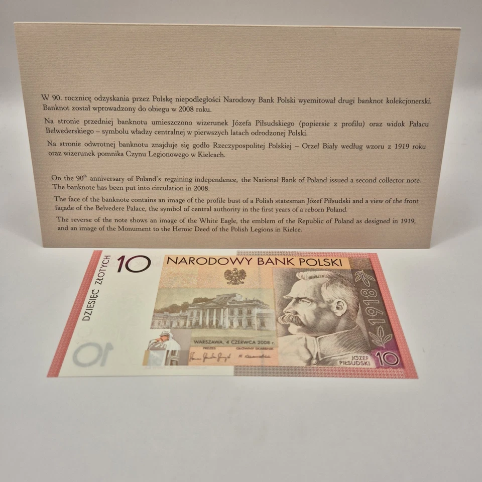 Billete de coleccionista Polonia 10 zlotys 2008 Jozef Pilsudski - Carpeta NBP - UNC Foto 2 de 4